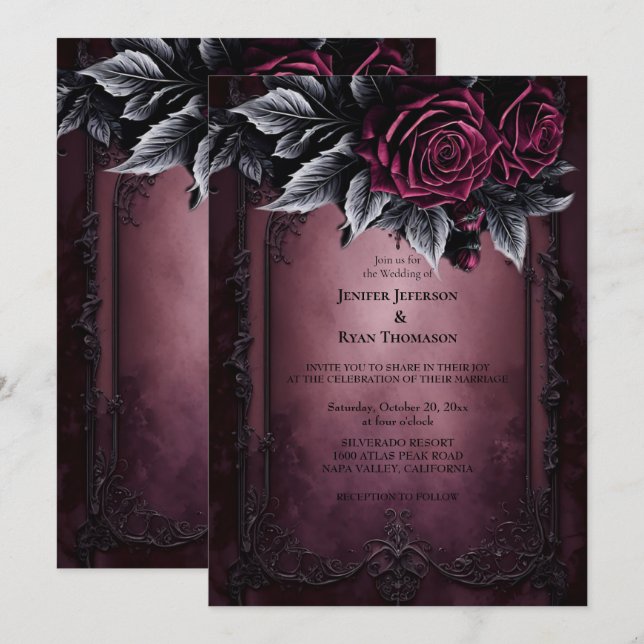 Dark Romantic Floral Gothic wedding invitation (Front/Back)