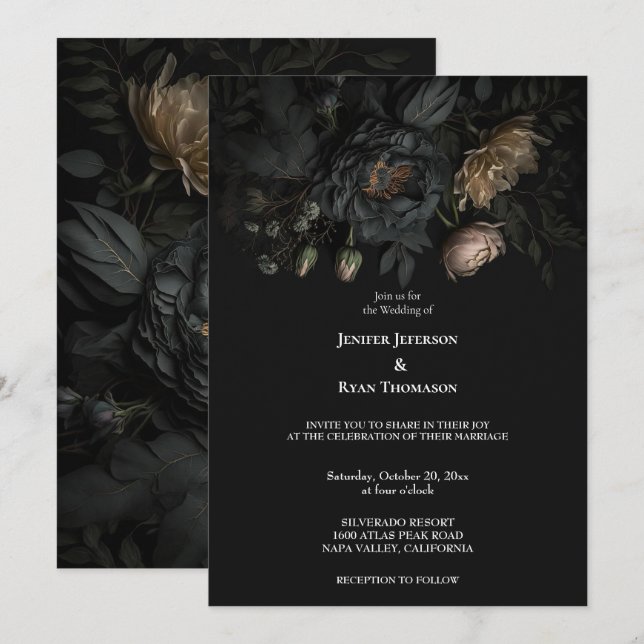 Dark Romantic Floral Gothic wedding invitation (Front/Back)