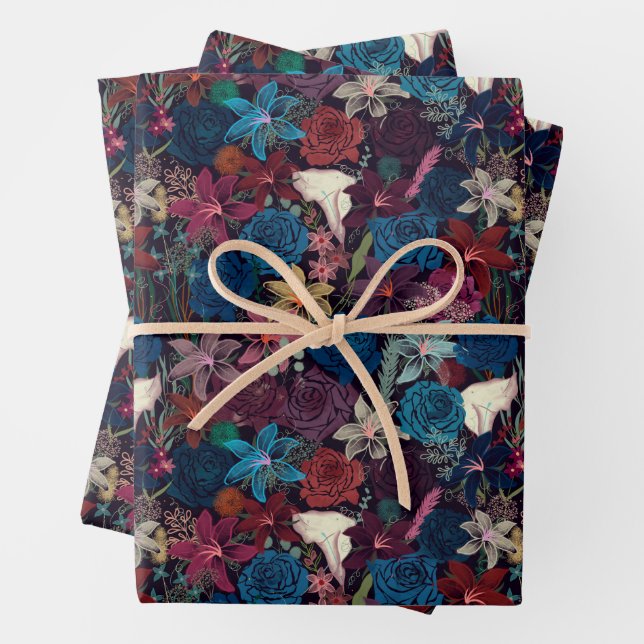 Dark Romantic Floral Pattern Wrapping Paper Sheet (In situ)