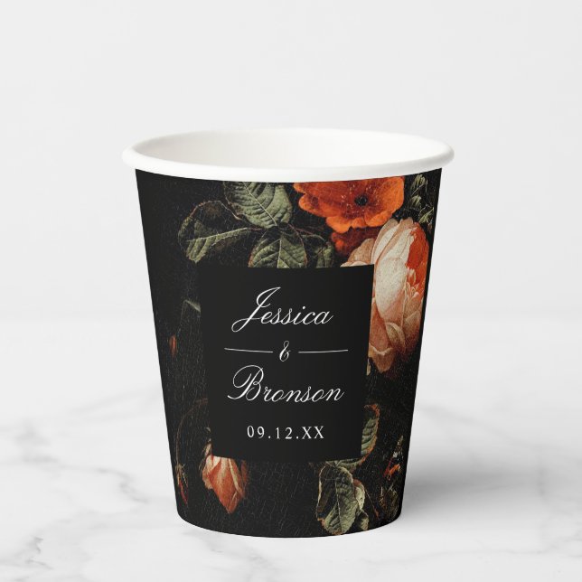 Dark Romantic Floral Pink Rose Wedding Shower Paper Cups (Front)