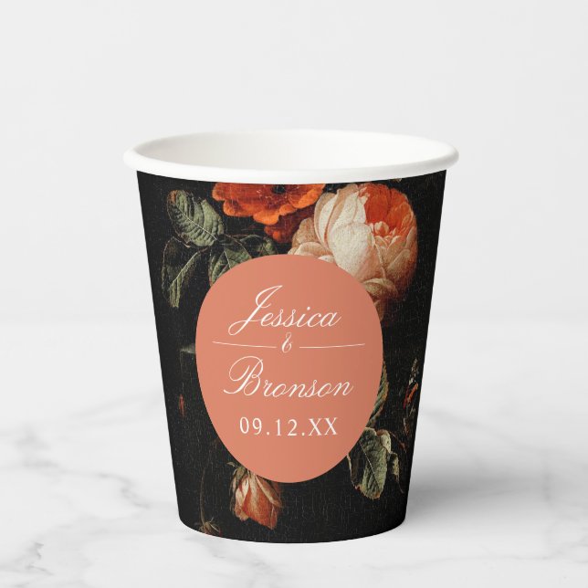 Dark Romantic Floral Pink Rose Wedding Shower Paper Cups (Front)