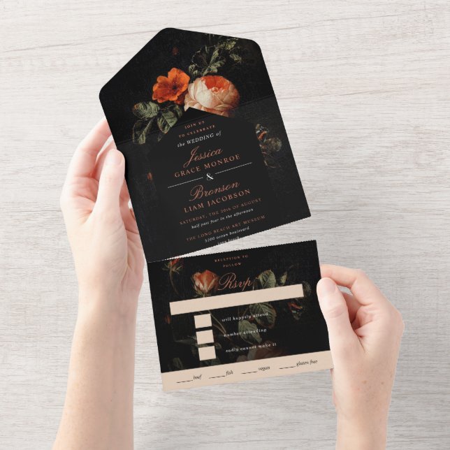 Dark Romantic Floral Roses Dutch Master Wedding All In One Invitation (Tearaway)