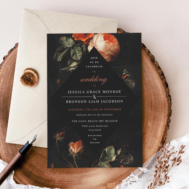 Dark Romantic Floral Roses Dutch Master Wedding Invitation (Creator Uploaded)