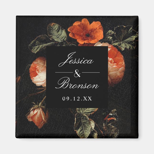 Dark Romantic Floral Roses Dutch Master Wedding Magnet (Front)
