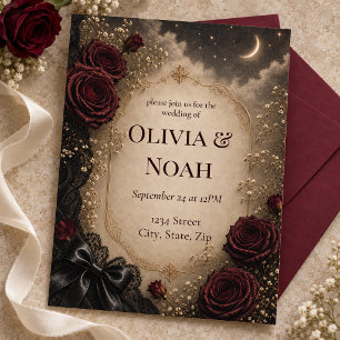 Dark Romantic Gothic Rose & Moon Wedding Invitation