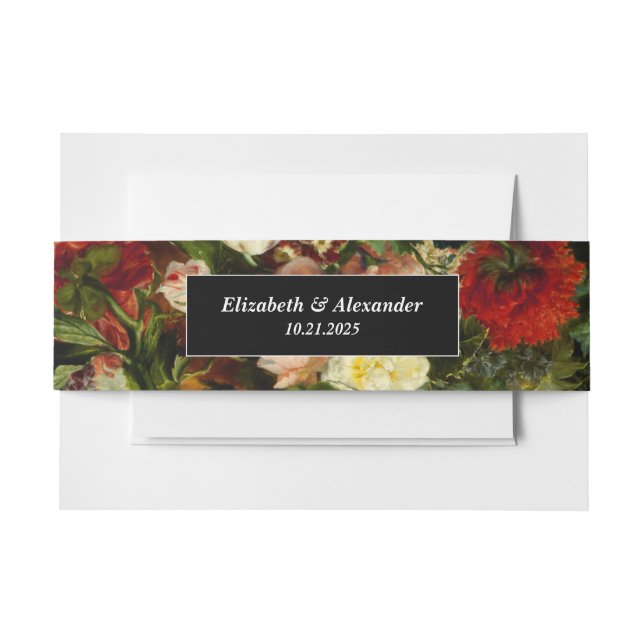Dark romantic moody elegant floral flowers wedding invitation belly band (Front Example)