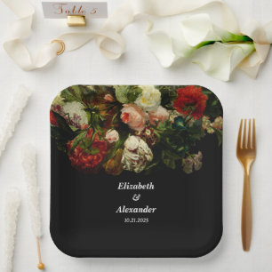 Dark romantic moody elegant floral flowers wedding paper plate