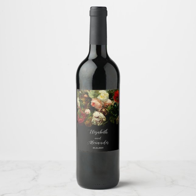 Dark romantic moody elegant floral flowers wedding wine label (Front)