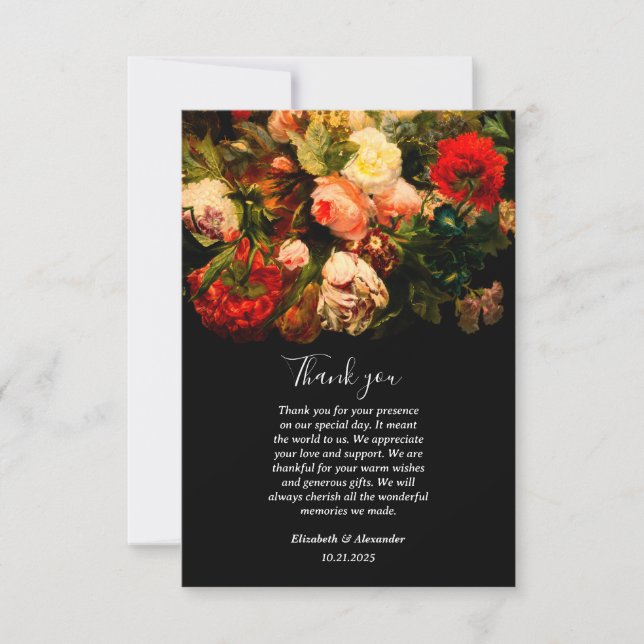 Dark romantic moody elegant floral wedding thank you card (Front)