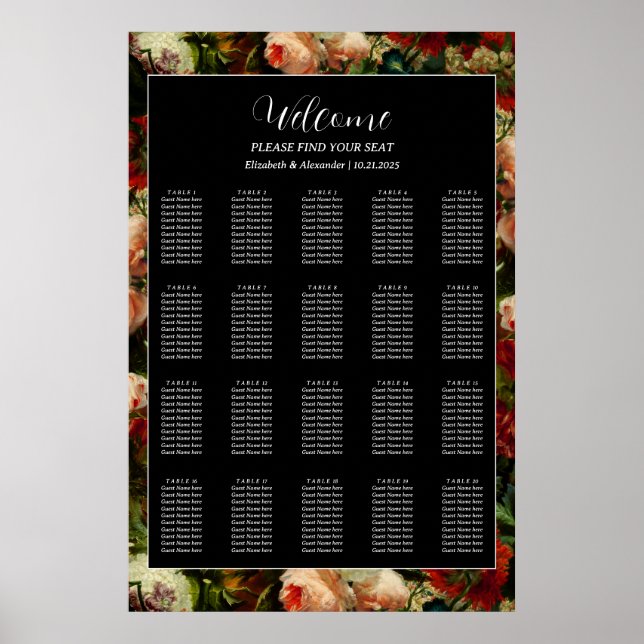 Dark romantic moody elegant wedding seating chart (Front)