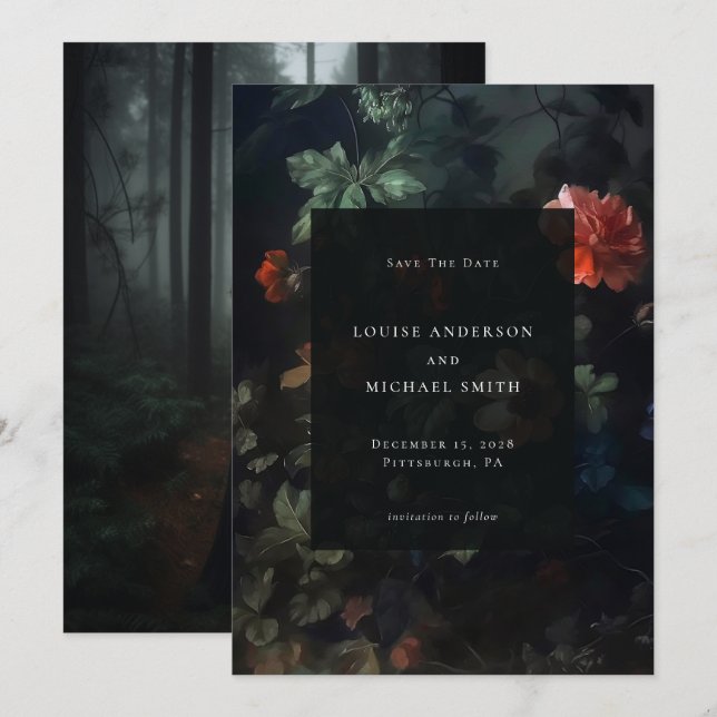 Dark Romantic Moody Floral Wedding Photo Save The Date (Front/Back)