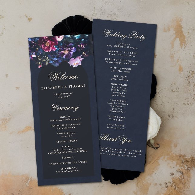 Dark Romantic Moody Florals Black Wedding Program (dark moody wedding program ceremony purple black jewel tones dutch painting romantic gothic )