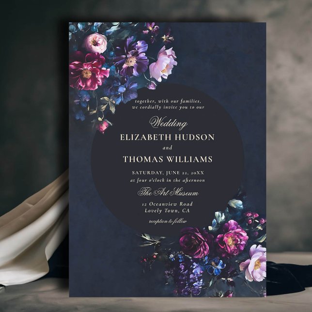 Dark Romantic Moody Florals Jewel Tones Wedding Invitation (dark moody romantic wedding invitation gothic florals jewel tones classy romance modern classic)