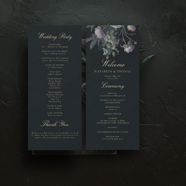 Dark Romantic Moody Florals Peony Wedding Program (dark moody wedding ceremony program purple dusty peony floral painting romantic gothic winter)