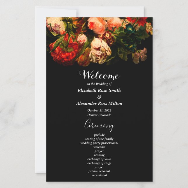 Dark romantic moody pretty floral wedding program (Front)