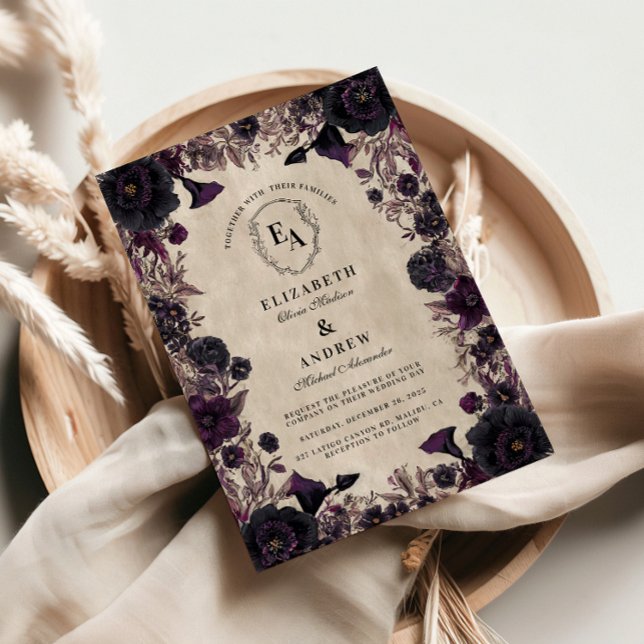 Dark Romantic Purple Floral Wedding Invitation (Creator Uploaded)