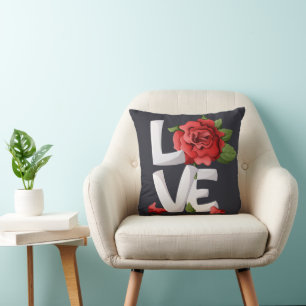 Dark Romantic Red Rose Love Typography Botanical Cushion