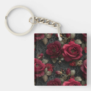 Dark Romantic Red Roses and Buds on Black Lace Key Ring
