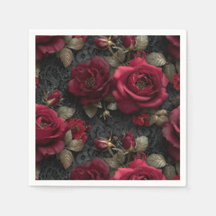 Dark Romantic Red Roses and Buds on Black Lace Napkin