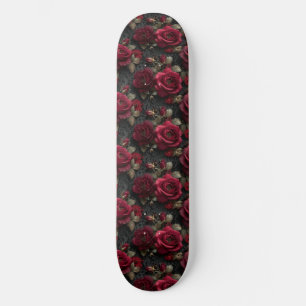 Dark Romantic Red Roses and Buds on Black Lace Skateboard