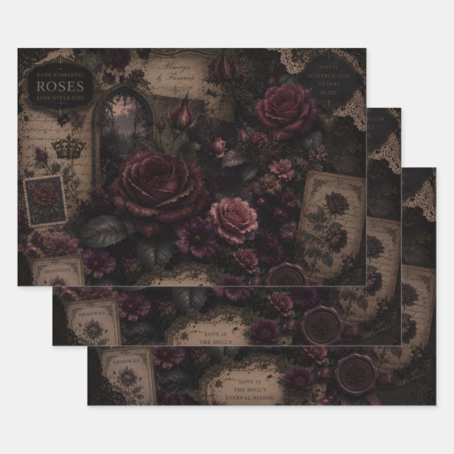 DARK ROMANTIC ROSE COLLAGE WRAPPING PAPER SHEET (Set)