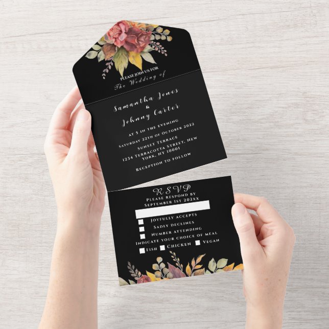 Dark Romantic Roses Floral Script Wedding All In One Invitation (Tearaway)