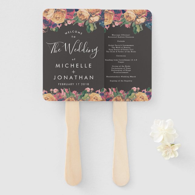 Dark Rose Botanical Fete Wedding Hand Fan (Front and Back)