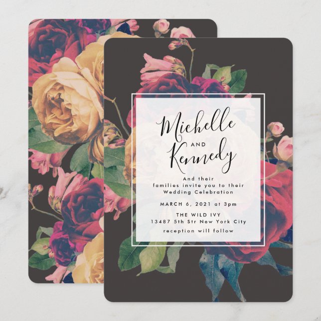 Dark Rose Botanical Fete Wedding Invitation (Front/Back)