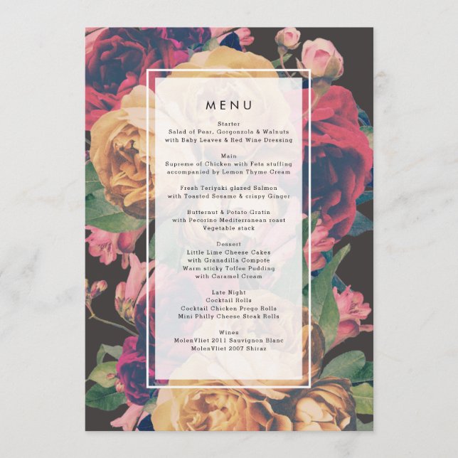 Dark Rose Botanical Fete Wedding Menu (Front)