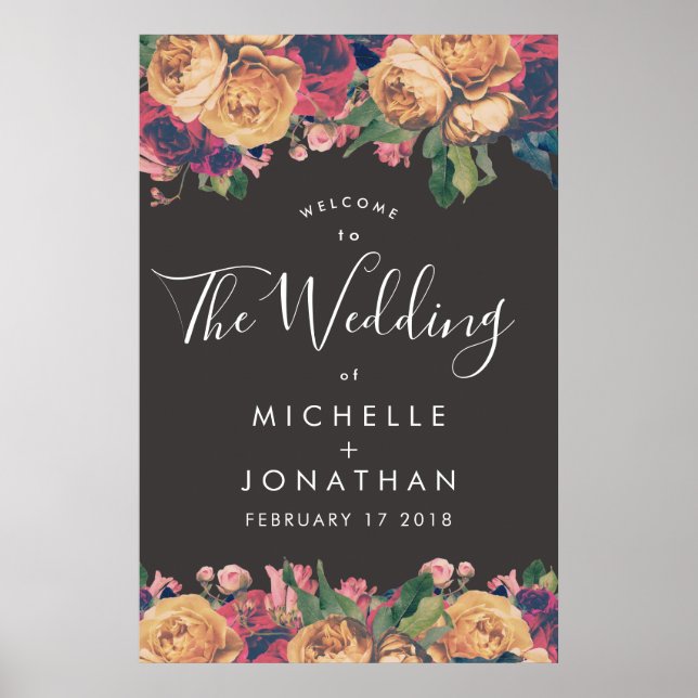 Dark Rose Botanical Fete Wedding Poster (Front)