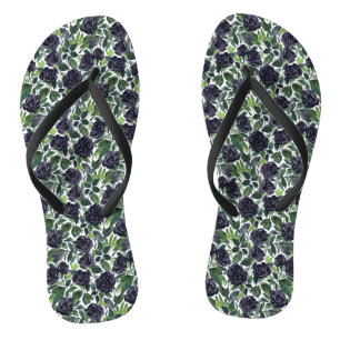 Dark rose delight, watercolor black rose pattern flip flops