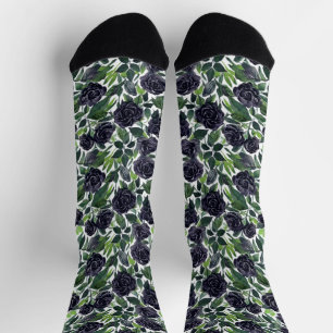 Dark rose delight, watercolor black rose pattern socks