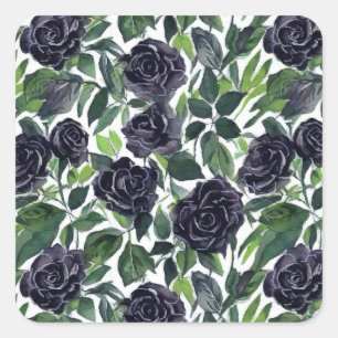 Dark rose delight, watercolor black rose pattern square sticker