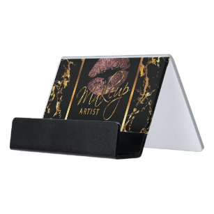 Dark Rose Glitter Lips on Gold & Black Marble Desk Business Card Holder