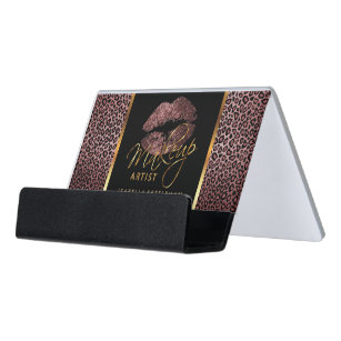 Dark Rose Glitter Lips on Gold & Leopard Desk Business Card Holder