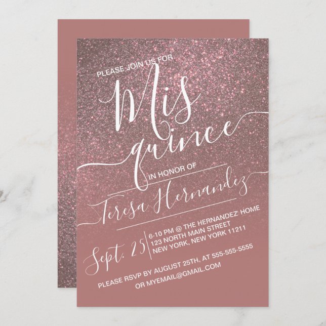 Dark Rose Gold Sparkly Glitter Ombre Quinceañera Invitation (Front/Back)