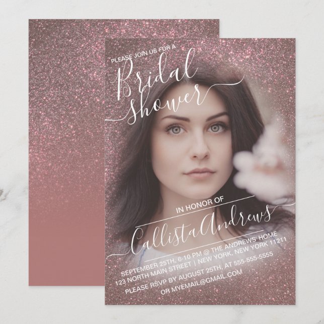 Dark Rose Gold Sparkly Glitter Photo Bridal Shower Invitation (Front/Back)
