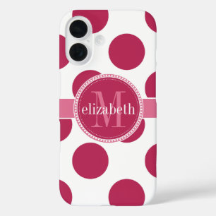 Dark Rose Pink White Big Polka Dots Monogram iPhone 16 Case