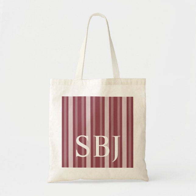 Dark Rose Victorian Stripe with Monogram Tote Bag (Front)