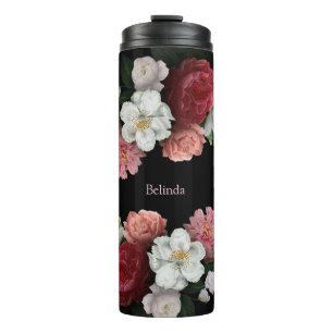 Dark Roses Black Background Name Monogram   Thermal Tumbler