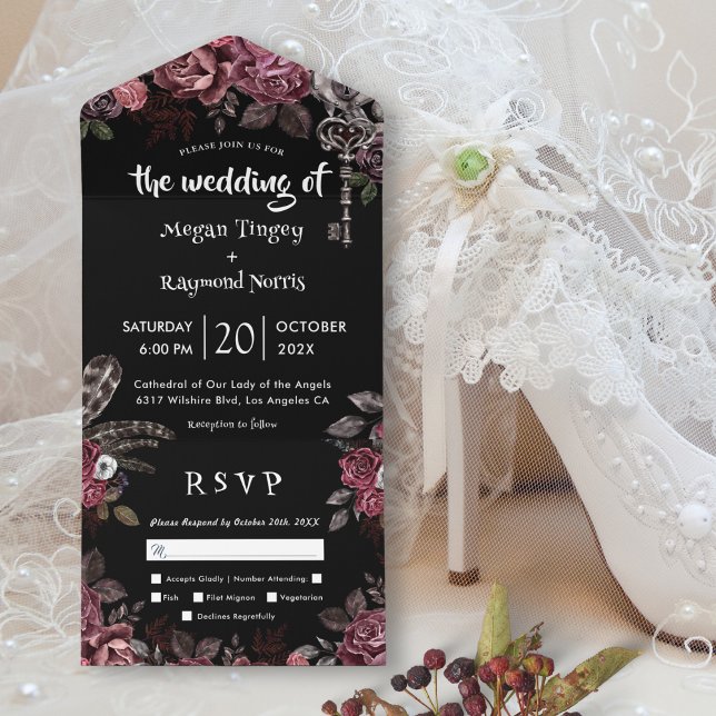 Dark Roses Black Florals Gothic Wedding All In One Invitation (Creator Uploaded)
