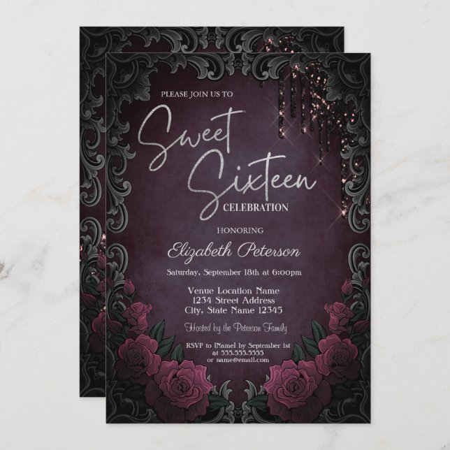 Dark Roses Frame Burgundy Glitter Drips Sweet 16  Invitation (Front/Back)