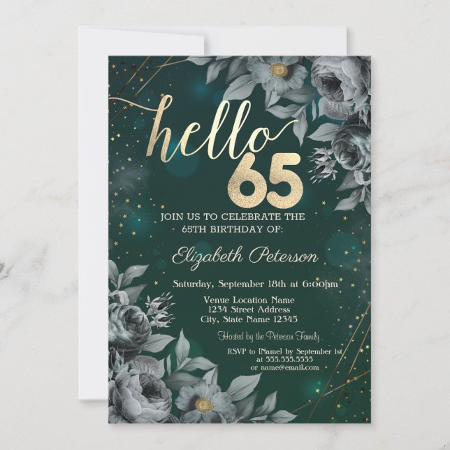 Dark Roses Green 65th Birthday Invitation (Front)