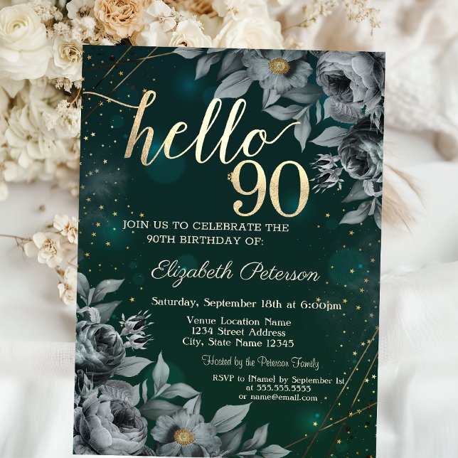 Dark Roses Green 90th Birthday Invitation (Creator Uploaded)