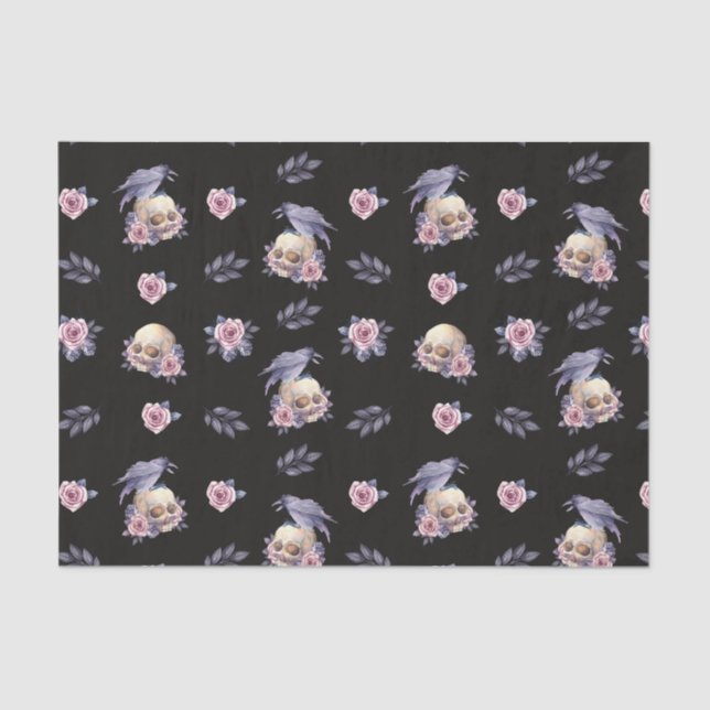 Dark Roses Raven Skulls Halloween Tissue Paper (Front)