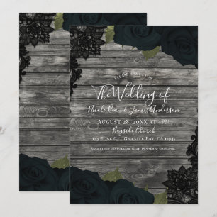 Dark Roses Rustic Wood Black Lace Elegant Wedding Invitation