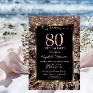 Dark Roses,String Lights Glitter 80th Birthday Invitation