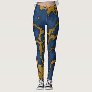 Dark Royal Blue and Gold Marble Texture Design Leggings