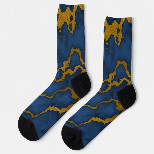 Dark Royal Blue and Gold Marble Texture Design Socks (Left)