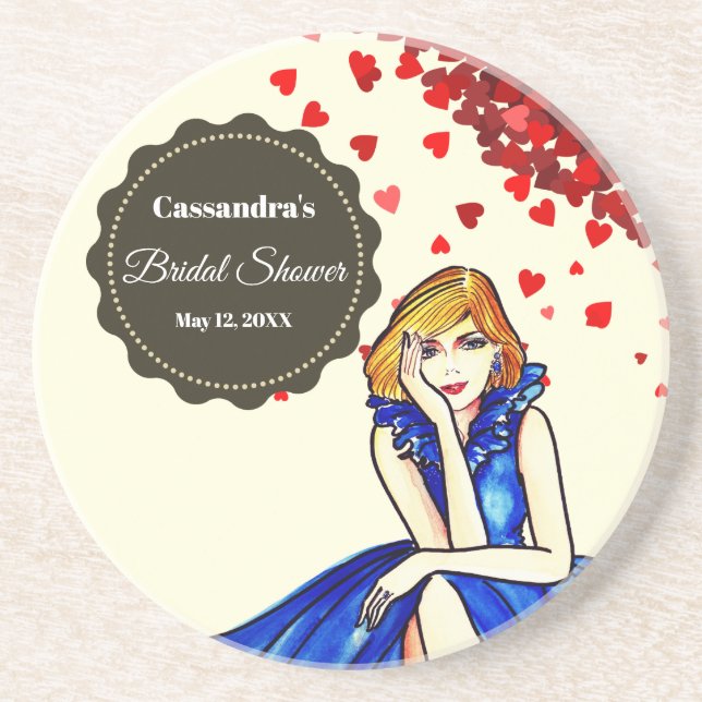 Dark Royal Blue Cocktail Gown Bridal Shower Coaster (Front)